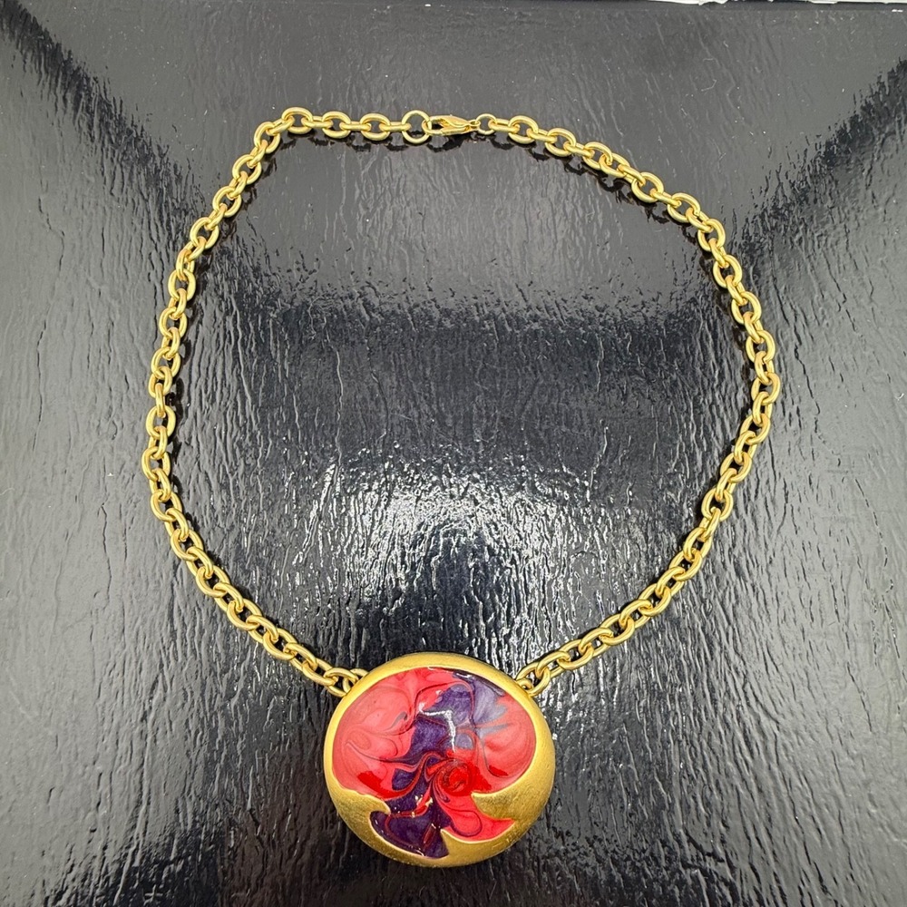 Don-Lin Necklace Gold Tone Enamel Pendant Retro Signed 19in
